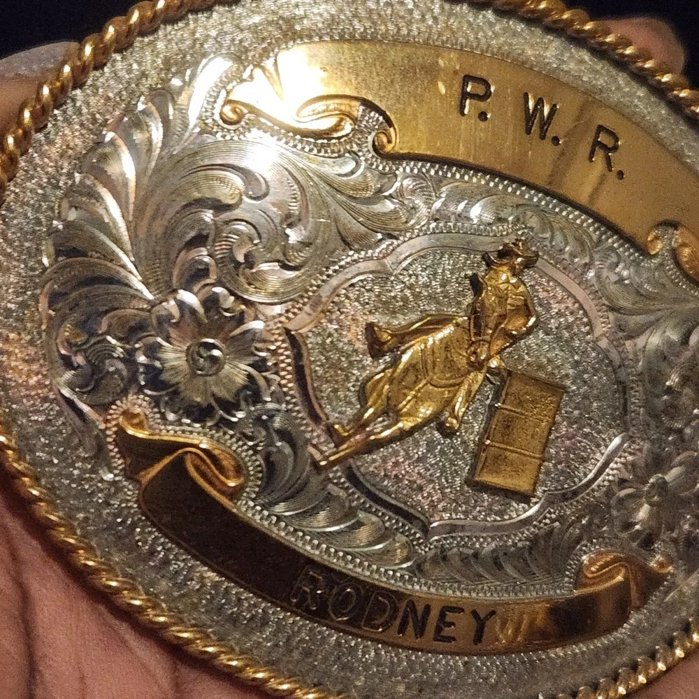 Western Barrel Racing Trophy Belt Buckle P.W.R. Rodney Two Tone Silver Gold Oval